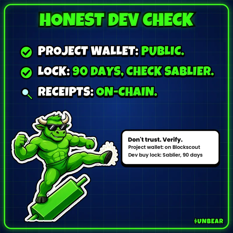 Meme: honest dev check. Project wallet public, dev buy locked 90 days on Sablier, receipts on-chain